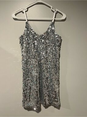 Sequin Silver Mini Dress with Spaghetti Straps